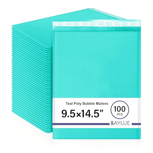 Teal 9.5x14.5 Inch Poly Bubble Mailers #4 | Self Seal Large Padded Envelopes | Air Cushioned Bubble Mailer | Usable Size 9.5x13 Inch | Waterproof Lightweight Mailing Shipping Bags | 100 Pack Bulk