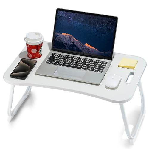 Laptop Bed Desk, Foldable Lap Desk, Portable Lap Table, Laptop Stand with Cup Holder & Tablet Slot & Lifting Handle for Working Writing Drawing & Eating - White
