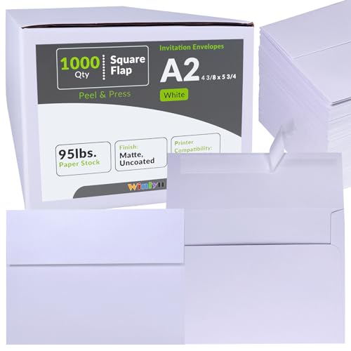 Winlyn 1000 Pcs White A2 Invitation Envelopes, Peel & Press Self Seal, 4 3/8 x 5 3/4 Square Flap, RSVP & Return Envelopes, 95lb. Paper, Perfect for Announcements, Greeting Cards, Letters