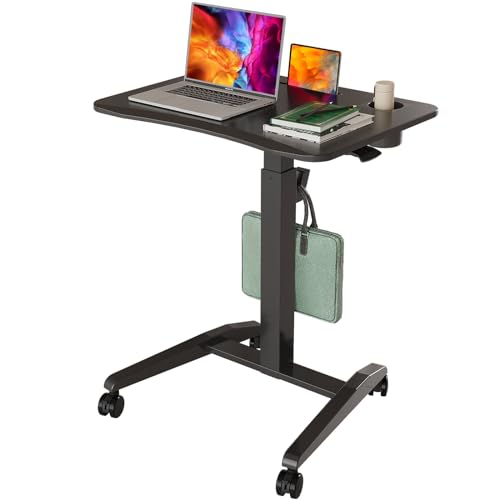 Mobile Standing Desk, Height Adjustable Rolling Laptop Desk with Cup Holder, 27 inches Portable Sit Stand Desk with Wheels and Hook, Pneumatic Computer Table, Black