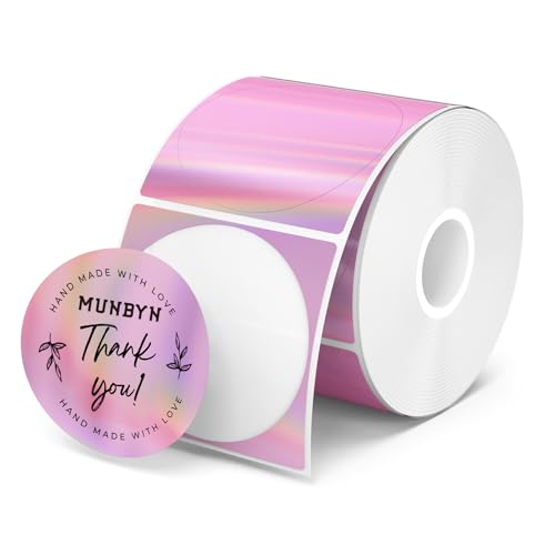 MUNBYN 2" Circle Holographic Thermal Label Stickers Pink, Round Printable Rainbow Glitter Thermal Printer Sticker Labels for Gift Wrapping, Self-Adhesive Name Price Tag DIY Custom Logo Design