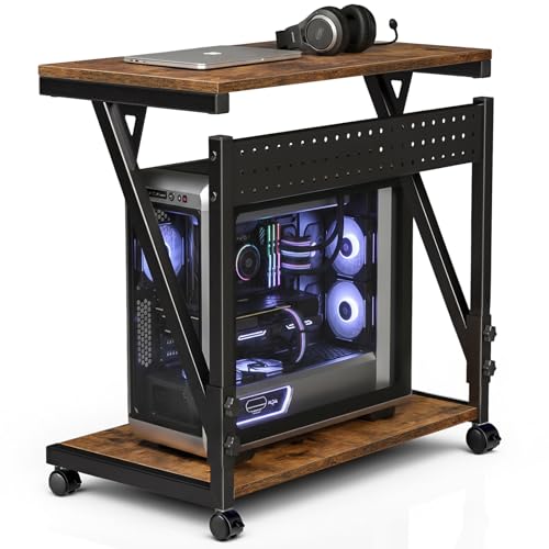 Computer Tower Cart - Height Adjustable PC Stand, 2-Tier ATX-Case CPU Holder Home Office Gaming Desk Accessories with Rolling Lockable Wheels, Laptop Table Standing Computer Desk, Rustic Brown