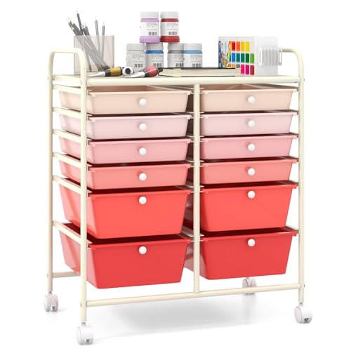 Giantex 12 Drawer Rolling Storage Cart Tools Scrapbook Paper Office School Organizer (Pink Gradient)