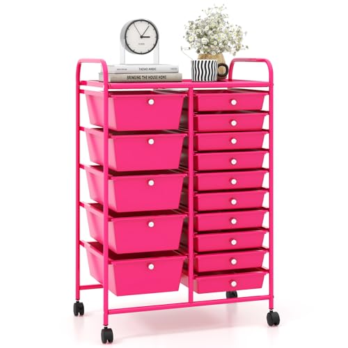 Giantex 15 Drawers Rolling Cart, Classroom Organizers, Storage Cart with Wheels, for Teacher Office Home School Supplies Tool Craft Art Paper
