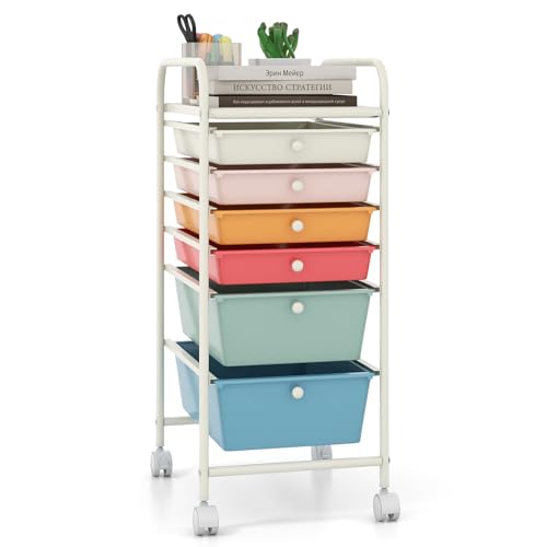 Giantex 6 Storage Drawer Cart Rolling Organizer Cart for Tools Scrapbook Paper Home Office School Multipurpose Mobile Utility Cart (Macaron)