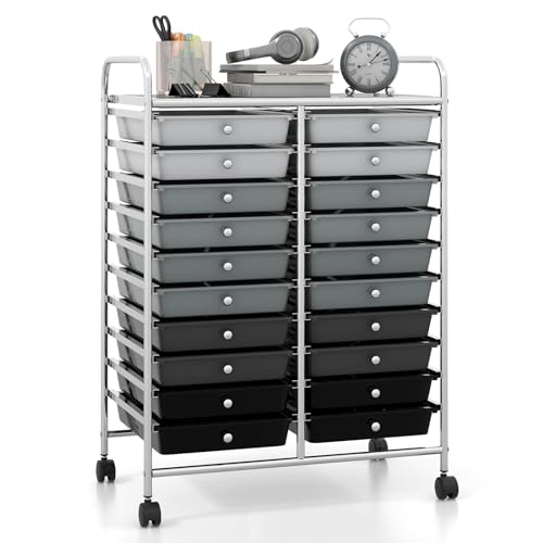 Giantex 20 Drawers Rolling Cart, Mobile Storage Drawer Cart, Classroom Organizer Cart for Office School Supplies Teacher Tools Paper Craft Small Printer, Utility Cart on Wheels, Gradient Grey
