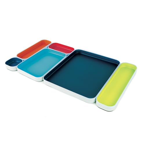 Three by Three Seattle 6 Piece Metal Organizer Tray Set for Storing Makeup, Stationery, Utensils, and More in Office Desk, Kitchen and Bathroom Drawers (1 Inch, Assorted Colors, Stripes)