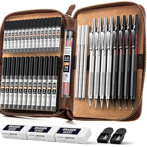 Nicpro 45PCS Black & Silver Metal Mechanical Pencil Set in Leather Case, Art Drafting Pencil 0.5, 0.7, 0.9 mm, 2mm Lead Holders for Sketching Drawing With 27 Tube (6B 4B 2B HB 2H 4H Colors)Lead Refill