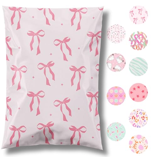 14.5x19 Designer Poly Mailer 100 Pack Heavy Duty Waterproof Self Seal Shipping Bags for Small Business Large Mailing Envelopes Bulk Tear Resistant Packaging Pink Bows Coquette