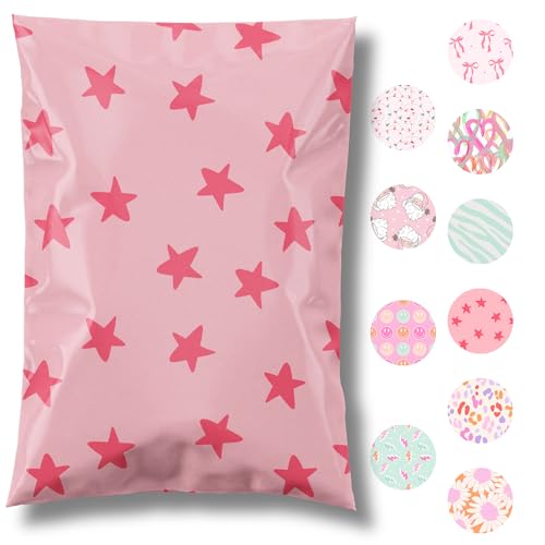 14.5x19 Designer Poly Mailer 100 Pack Heavy Duty Waterproof Self Seal Shipping Bags for Small Business Large Mailing Envelopes Bulk Tear Resistant Cute Packaging Seeing Stars Pink