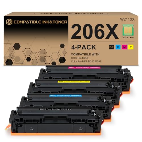 206X 206A High Yield Toner Cartridges 4 Pack (with Chip) Works with HP Color Pro MFP M283fdw M283cdw, Pro M255dw M255nw, MFP M282nw M283 M282 M255 Printer | W2110X W2111X W2112X W2113X 206A W2110A