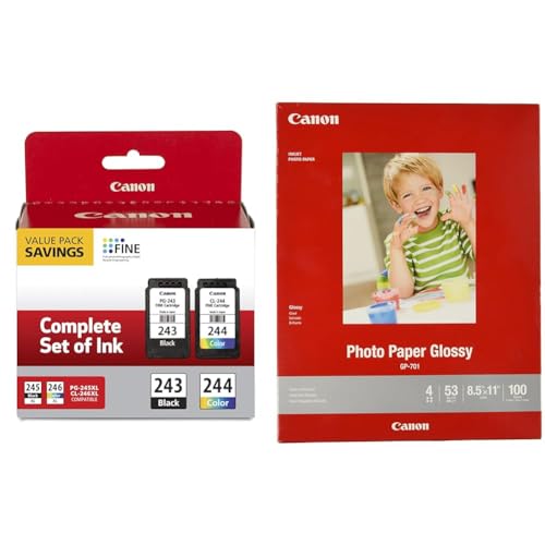 Canon PG-243/ CL-244 Ink Multi Pack, Compatible to TR4520, MX492, MG2520, MG2922, TS302 and TS202 & nk Glossy Photo Paper 8.5" x 11" 100 Sheets (1433C004)
