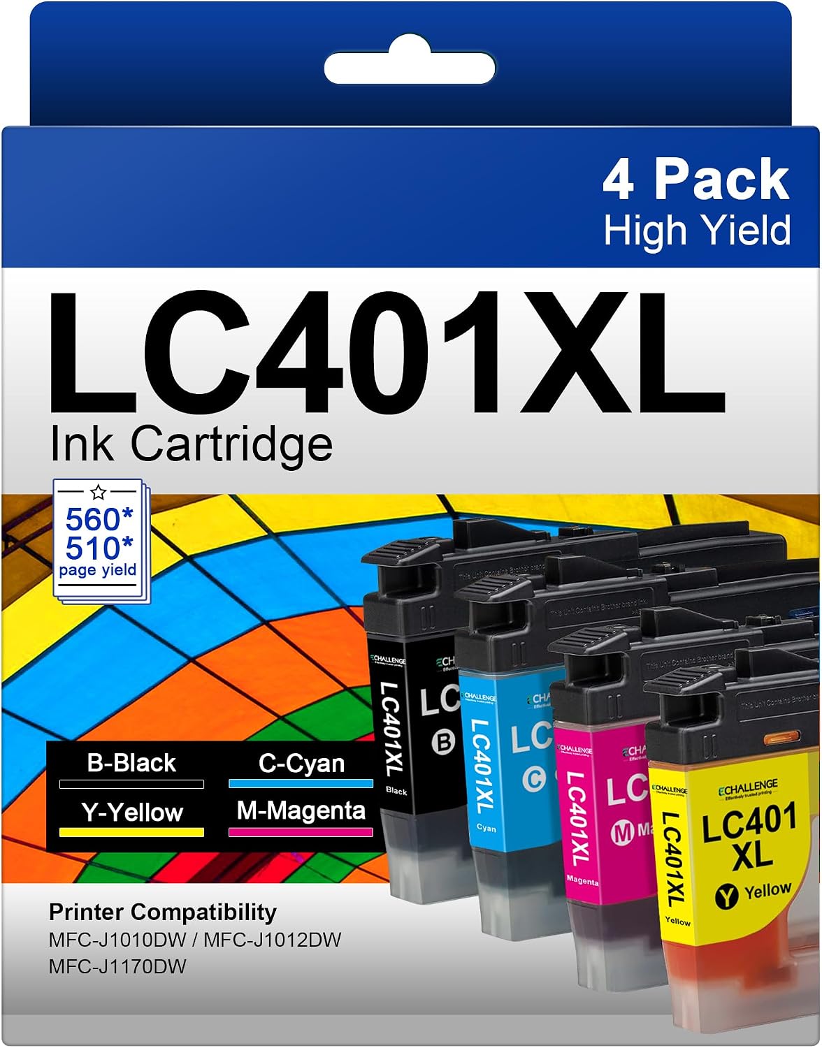 LC401 XL Ink Cartridges High Yield Compatible for Brother LC401 LC 401XL BK to Use with Brother MFC-J1010DW MFC-J1012DW MFC-J1170DW Printer (Black Cyan Magenta Yellow, 4 Pack)
