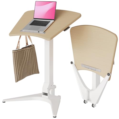 Claiks Mobile Standing Desk, Portable Rolling Standing Desk with Wheels, Pneumatic Height Adjustable Sit-Stand Desk Workstation with 90 Tiltable, Foldable Desk with Non-Slip Computer Stand, Bamboo
