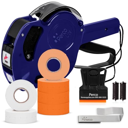 Perco Lite 1 Line Price Gun with Labels Kit - Includes 3 White Rolls, 3 Fluorescent Orange Rolls, 2 Ink Rollers, 1 Ink roll and Labels Pre-Loaded