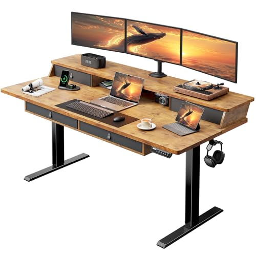 ErGear Electric Standing Desk with 4 Drawers, 63" x 30" Height Adjustable Desk with Storage, C-Clamp Mount Compatible, Computer Home Office Table with Cable Management Tray, Vintage Brown