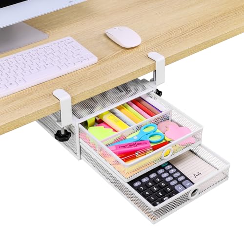 ROSYLINE Under Desk & Desktop Drawer Organizer - 2-Tier Metal Slide Out Drawers Organizer, Storage for Home Office Desk (White)