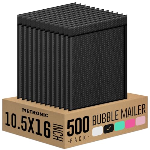 Metronic 500Pcs Poly Bubble Mailers, 10.5X16 Inch Envelopes Padded Bulk, Bubble Envelopes Lined Wrap Polymailer Bag for Shipping/Packaging/Mailing Self Seal Black, Usable Size Bubble Mailers 10.5X15
