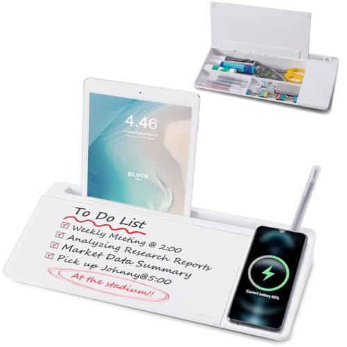 Small Glass Desktop Whiteboard Dry-Erase-Board - Computer Keyboard Stand with Wireless Charger White Board Surface Pad with Drawer, Desk Organizers with Accessories for Office, Home, School Supplies