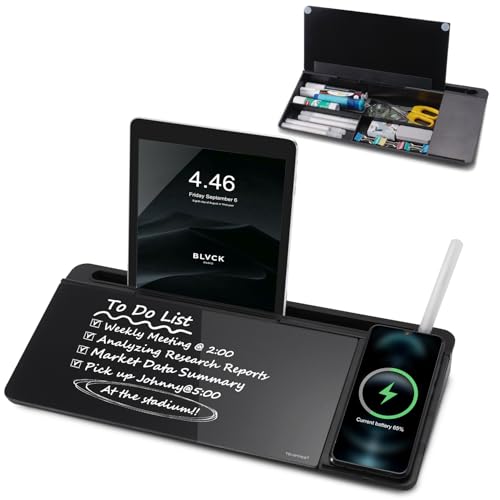 Small Glass Desktop Whiteboard Dry-Erase-Board - Computer Keyboard Stand with Wireless Charger White Board Surface Pad with Drawer, Desk Organizers with Accessories for Office, Home, School Supplies