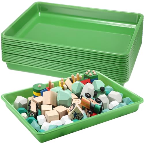 Maitys 15 Pcs Flat Plastic Trays 16.1 x 11.8'' Sensory Storage Tray Paper Stackable Classroom Bins for Office Home Organizer Arts and Crafts Supplies(Green)