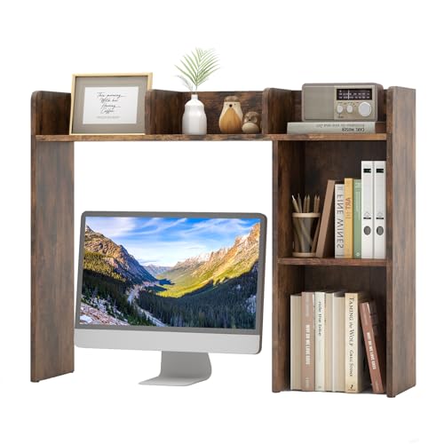 Tangkula Desktop Bookshelf, Countertop Storage Hutch with 5 Shelves for Computer Desk, Desktop 3-Tier Display Rack, Multipurpose Wood Desktop Hutch Storage Organizer for Dorm Office, Brown