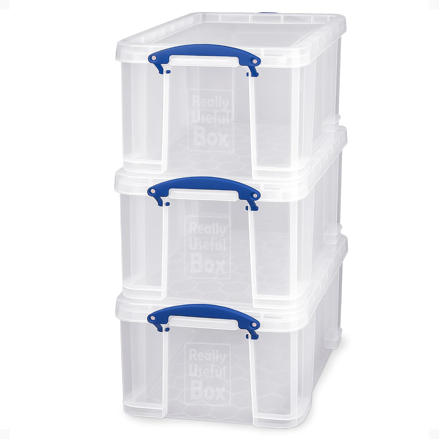 Really Useful Box 3-Pack Clear Plastic Storage Bins with Lids & Clip Handles, 32 Liters - Stackable, Portable and Transparent Organizer Containers for Home, Garage and Office