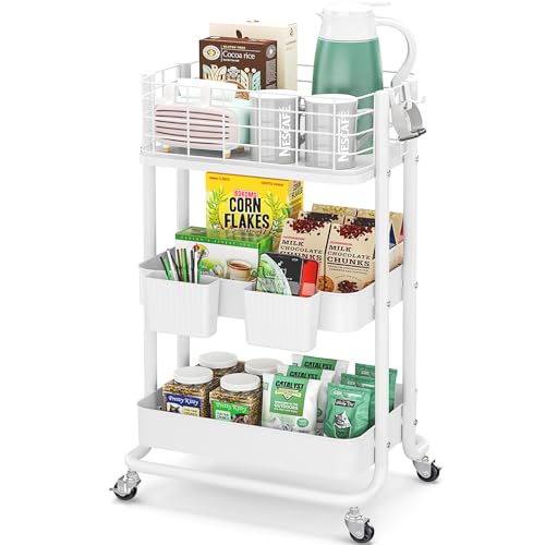 KINGRACK 3 Tier Rolling Cart, Metal Mobile Storage Shelf with Lockable Wheels, Prevent Falling Utility Trolley Cart, Storage Organizer for Kitchen, Office, Bathroom, Dorm, White