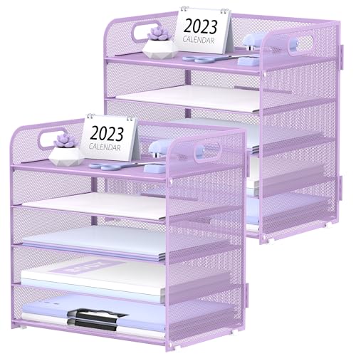 2 Pack 5-Tier Purple Desk Organizer with Handle Mesh Desk File/Paper Organizer Letter Tray for Office, School and Home Easy Installation Purple Office Supplies