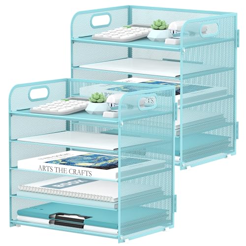 2 Pack 5-Tier Blue Desk Organizer with Handle Mesh Desk File/Paper Organizer Letter Tray for Office, School and Home Easy Installation