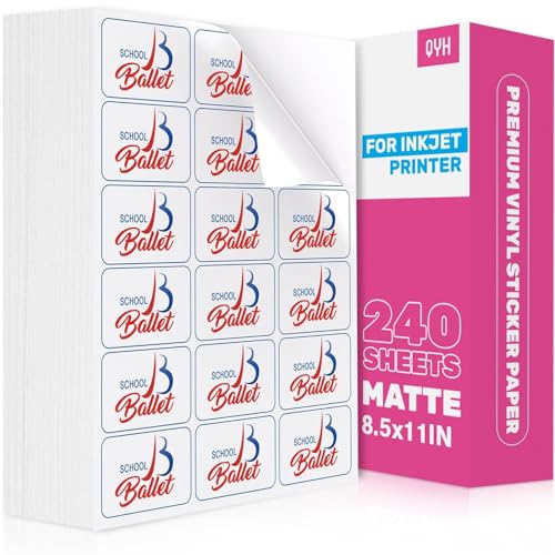 QYH Sticker Paper for Inkjet Printer - 240 Sheets White Matte Printable Vinyl Sticker Papers 8.5x11 In Labels Waterproof Stickers for Cutter, Crafts, Scrapbooking Dries Quickly & Tear Resistant