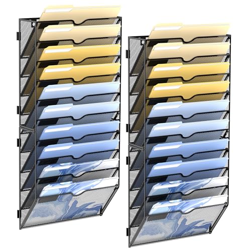DALTACK Wall File Organizer, 10 Tier Hanging File Organizer, Mail Organizer Wall Mounted for Papers Folders Clipboard Magazine, Office Cubicle Organization & Storage, Assembly Needed Black 2 Pack