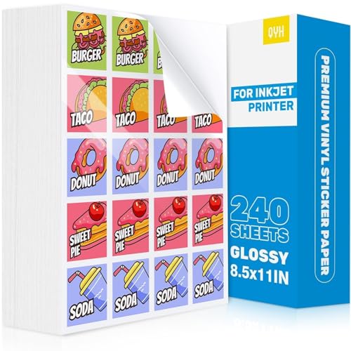 QYH Sticker Paper Printable Vinyl for Inkjet Printer - 240 Sheets White Glossy Sticker Papers 8.5x11 In Label Stickers for Cricut/Silhouette Waterproof Dries Quickly & Tear Resistant Easy to Cut