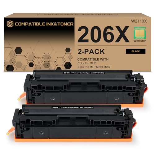 206X Black Toner Cartridges High-Yield (with Chip) Works with HP Color Pro MFP M283fdw M283cdw, Pro M255dw M255nw, MFP M282nw M283 M255 M282 Printer | W2110X 206A W2110A, Pack of 2