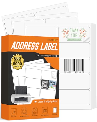 Colemoly 2" x 4" Shipping Labels, 600 Sheets 6000 10 UP Mailing Address Labels Sticker Paper for Laser/Inkjet Printer White Matte Adhesive Sticky for Organizing
