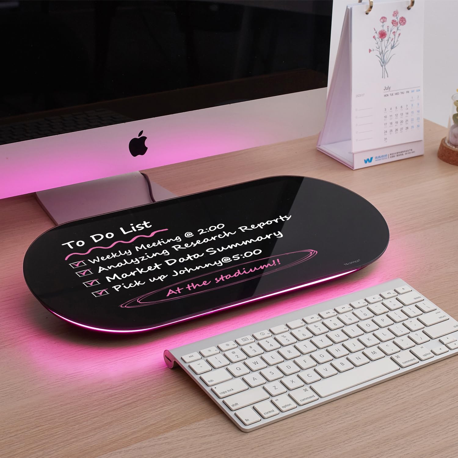 TSJ OFFICE Glass Desktop Whiteboard - 17 X 7 Inches Small Dry Erase Board with Pink Light, Glass White Board Surface Notepad with 1 Drawer, Desk Organizers for Office, Home, School Supplies (Black)