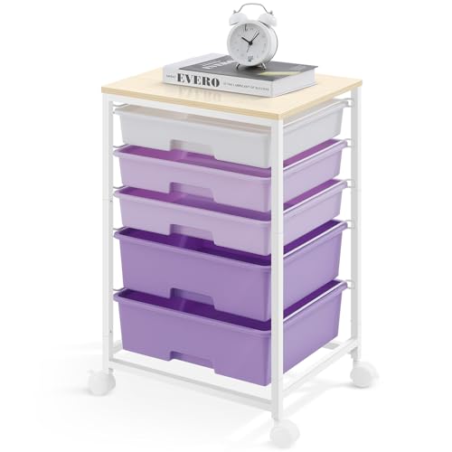 Utility Cart with 5 Drawers,Storage Drawer Cart with Wooden Tabletop and Lockable Wheels,Craft Storage Trolley Cart,5-Tier Rolling Utility Cart on Wheels,Purple