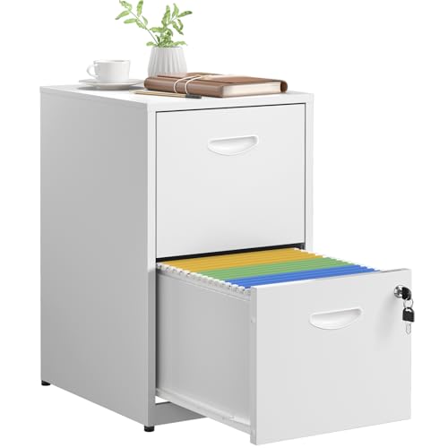 2 Drawer File Cabinet with Lock,White Metal Office Drawers Filing Cabinets for Home Office, Two Drawer Under Desk File Cabinet for Hanging Letter,Easy Assemble