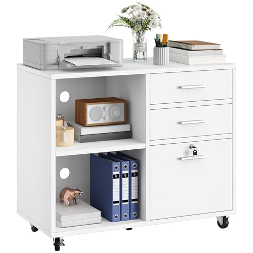 YITAHOME Wood File Cabinet, 3 Drawer Mobile Lateral Filing Cabinet, Storage Cabinet Printer Stand with Lock for Home Office Organization, Office Furniture, White
