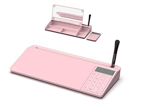 Electronic Calculator and Mirror, Pink Desk Glass Whiteboard Organized, Glass Desktop Dry Erase Board with Accessories for Home Office Supply, Keyboard Dry Erase Notepad