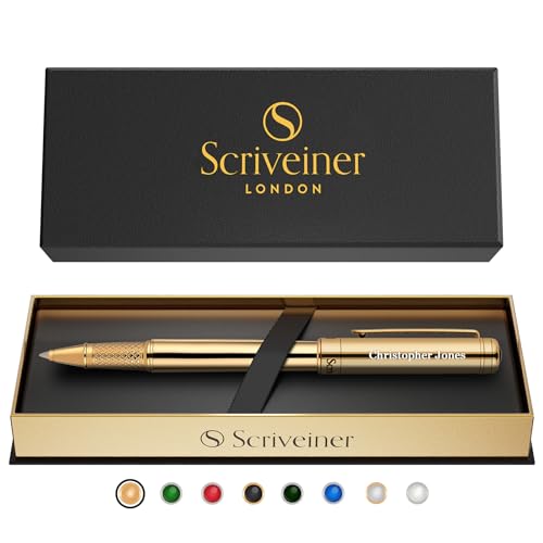 Scriveiner Personalized Gold Rollerball Pen - Stunning Luxury Pen, Real Gold Plating, Schmidt Ink Refill, Best Engraved Roller Ball Gift Set for Men & Women, Custom Name Engraving