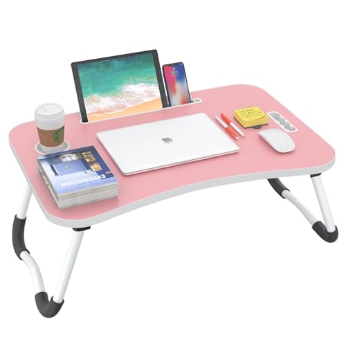 BUYIFY Folding Lap Desk, 23 Inch Portable Wood Pink Laptop Bed Desk Lap Desk with Cup Holder, for Working Reading Writing, Eating, Watching Movies for Bed Sofa Couch Floor