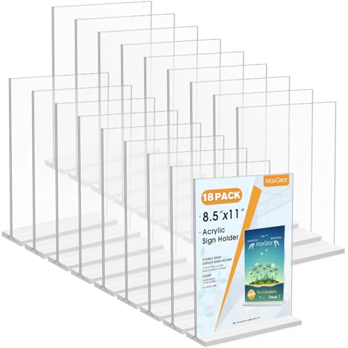 MaxGear Acrylic Sign Holder 8.5x11 Inches 18 Pack, Double Sided Clear Display Stand Table Top Paper Holder, Vertical Menu Flyer Stand, Plastic Frame for Stores, Restaurants, Hotels, Office