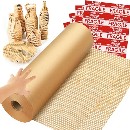 Honeycomb Packing Paper Wrap 15''x820', Substitute Alternative for Bubble Cushioning Wrap for Moving Shipping Packaging, Recyclable Moving Supplies with 48 Fragile Sticker Labels