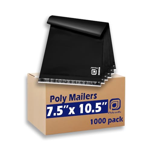 POLYSELLS 1000 pcs 7.5x10.5 Inches Black Poly Mailers Shipping Envelopes, Strong Adhesive Sealing, Waterproof, and Tear-resistant Postal Mailing Bags for Clothing, Books, and Accessories