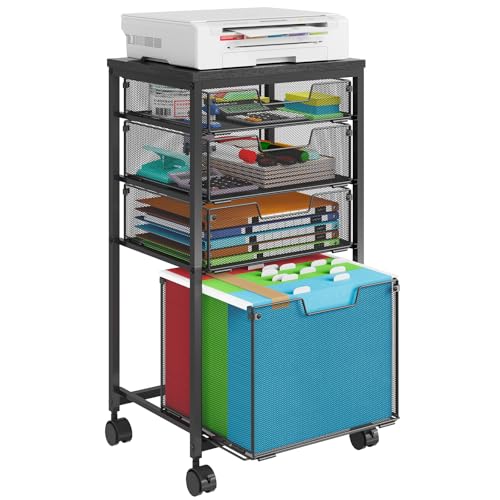 Rolling File Cart with 4 Storage Drawers, Filing Cabinet for Home Office, Hanging File Folder Organizer with Wheels Under Desk, Utility Craft Cart Printer Stand, Black, Patent Pending