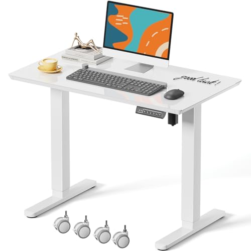 JOY worker Small Glass Standing Desk, 35" x 20" Electric Whole Piece Height Adjustable Desk with 4 Lockable Casters, Mobile White Sit to Stand Workstation for Home Office