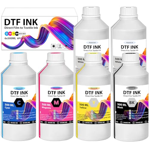 DTF Ink - 3000ML DTF Transfer Ink for PET Film, Premium Pigment Ink Refill for P600 P800 DX5 DX7 R1390 XP600 i3200 4720 5113 Printers, High Fluidity & Coverage (500ML*6, 2W+BKCMY)