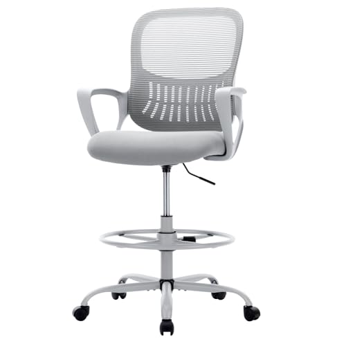 Sweetcrispy Home Office Drafting Chair - Ergonomic High Stool Computer with Adjustable Height and Comfy Lumbar Support, Tall Rolling Task for Standing Desk with Fixed Arm and Footrest, Grey
