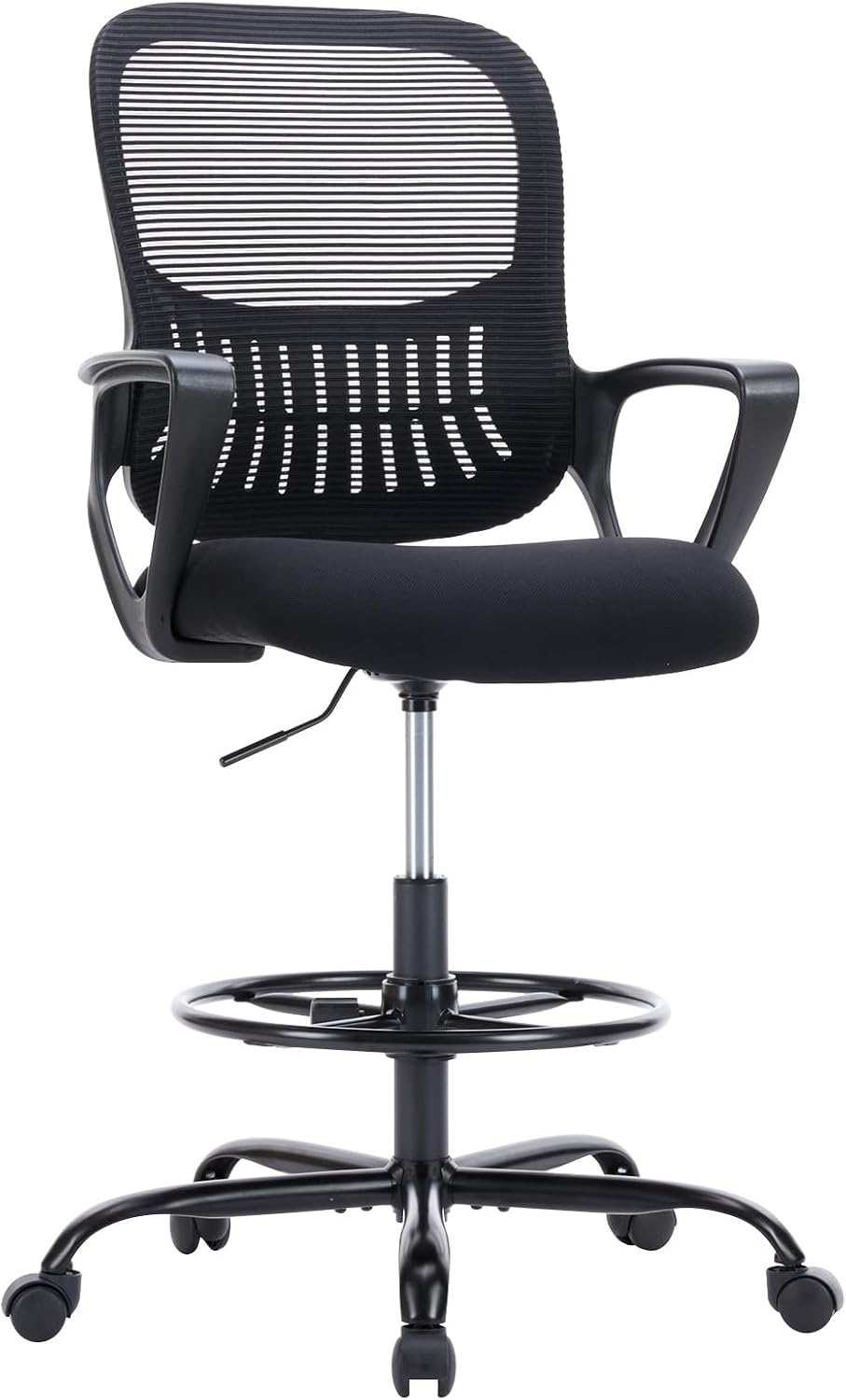 Sweetcrispy Home Office Drafting Chair - Ergonomic High Stool Computer with Adjustable Height and Comfy Lumbar Support, Tall Rolling Task for Standing Desk with Fixed Arm and Footrest, Black